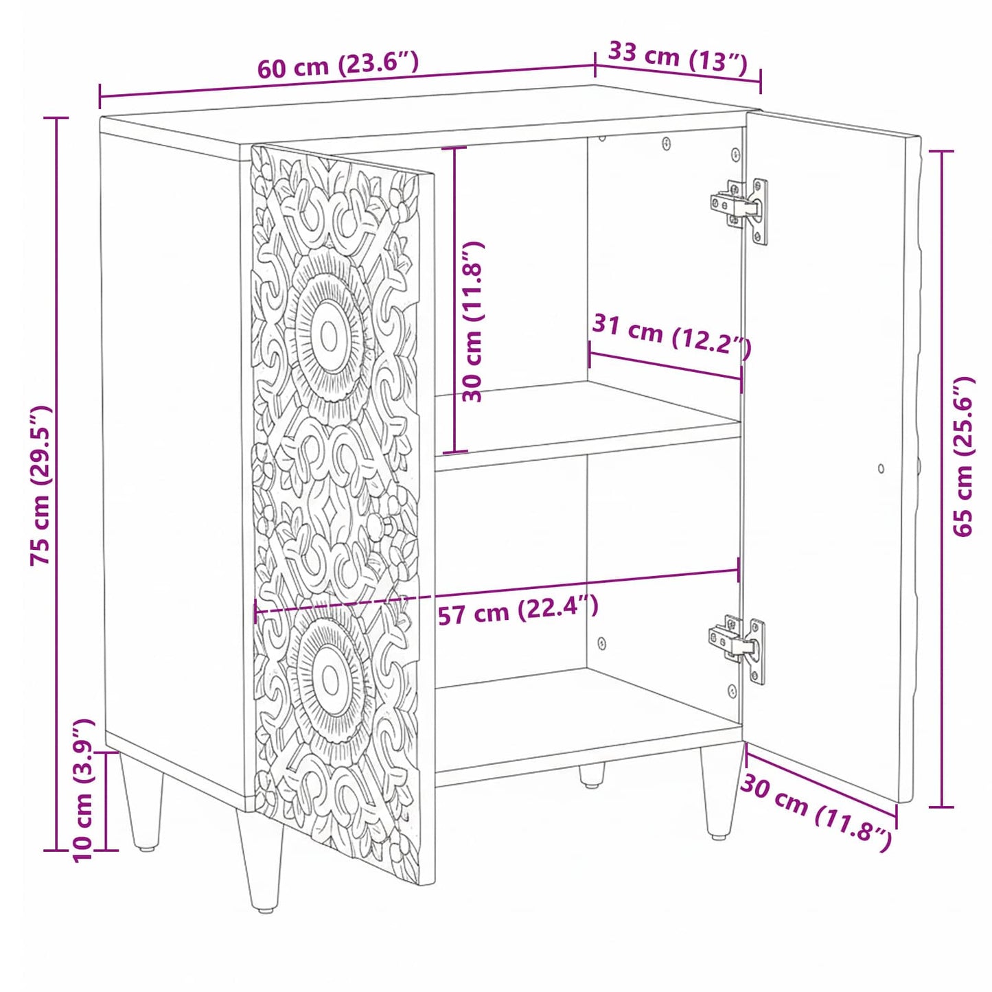 vidaXL Μπουφές Αποθήκευσης Λευκό 60 x 33,5 x 75 εκ. Στερεό ξύλο μάνγκο