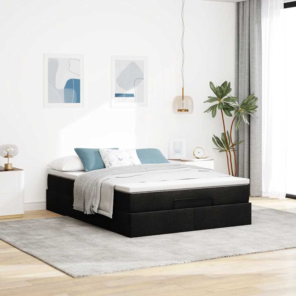 vidaXL Οθωμανικό κρεβάτι με στρώμα Μαύρο 140x190cm Συνθετικό δέρμα