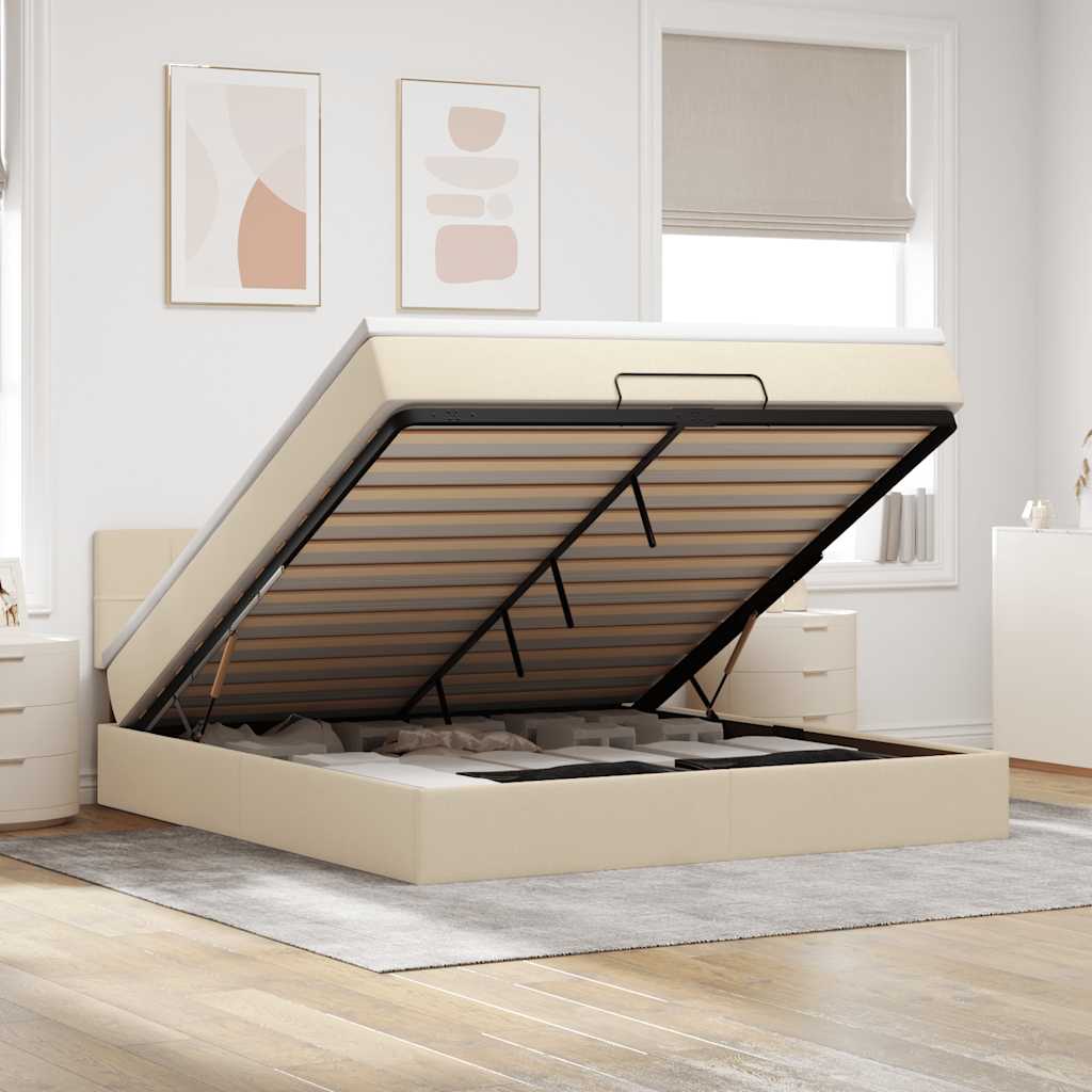 vidaXL Οθωμανικό Κρεβάτι με Στρώμα Κρέμα 160x200cm Ύφασμα