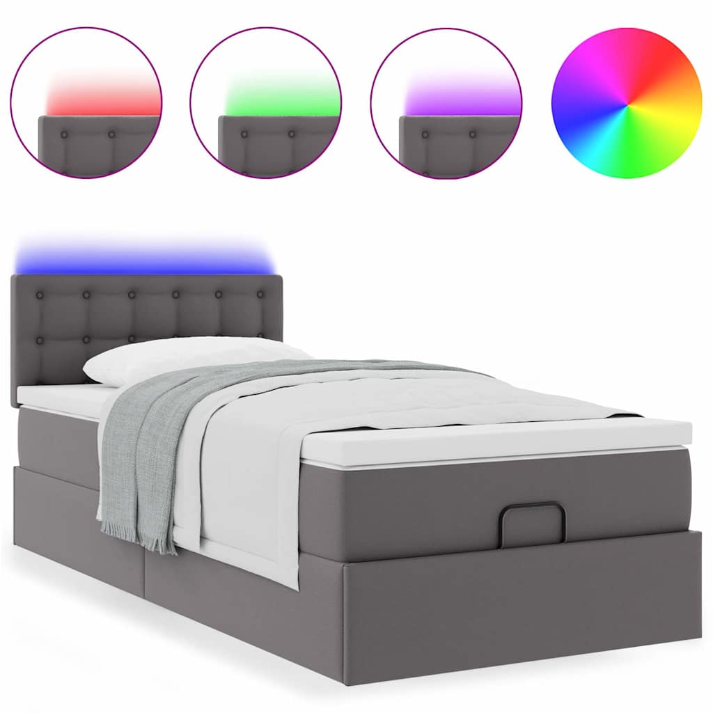 vidaXL Οθωμανικό κρεβάτι με στρώματα & LEDs Γκρι 90x190cm Faux Leather