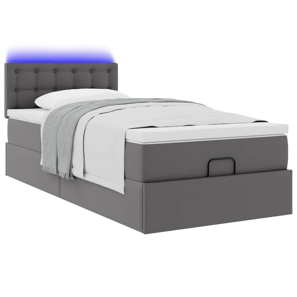 vidaXL Οθωμανικό κρεβάτι με στρώματα & LEDs Γκρι 90x190cm Faux Leather