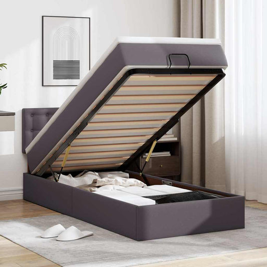 vidaXL Οθωμανικό κρεβάτι με στρώματα & LEDs Γκρι 90x190cm Faux Leather