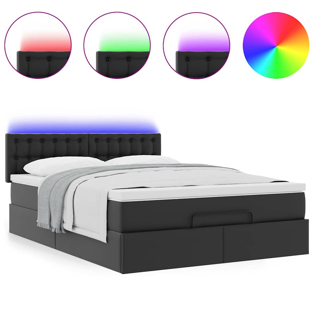 vidaXL Οθωμανικό κρεβάτι με στρώματα & LEDs Μαύρο Faux Leather