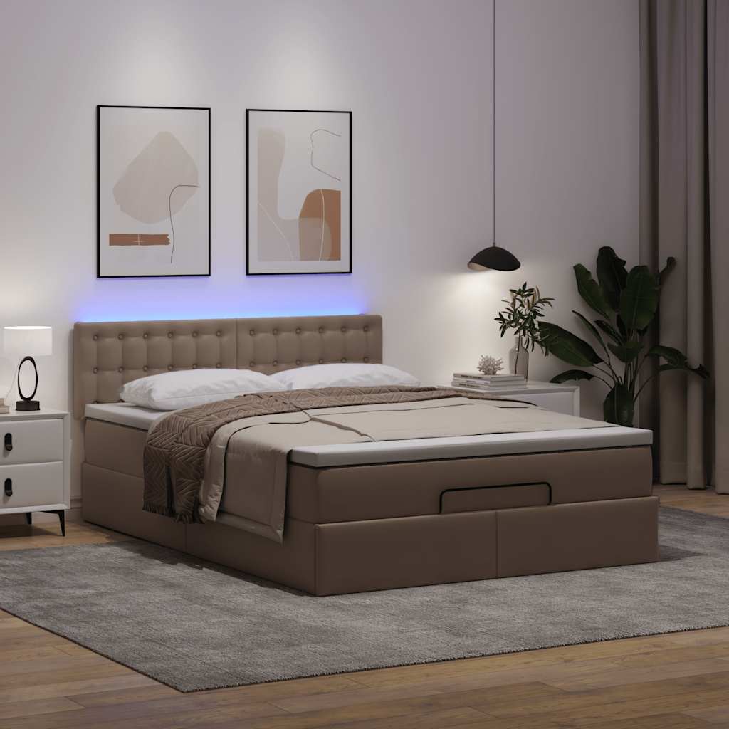 vidaXL Οθωμανικό κρεβάτι με στρώματα & LEDs Cappuccino Faux Leather