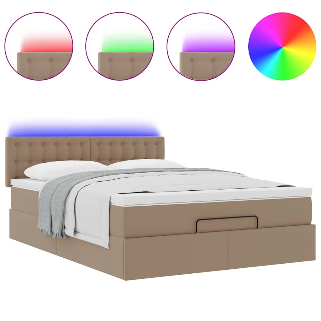 vidaXL Οθωμανικό κρεβάτι με στρώματα & LEDs Cappuccino Faux Leather