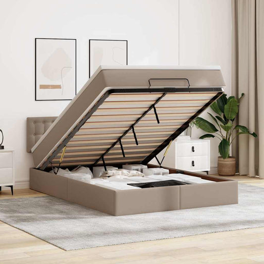 vidaXL Οθωμανικό κρεβάτι με στρώματα & LEDs Cappuccino Faux Leather