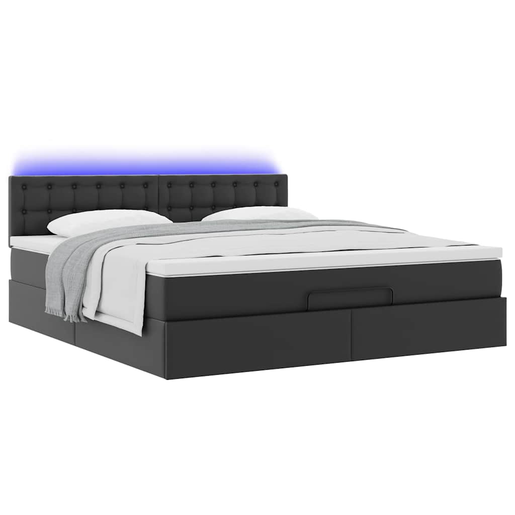 vidaXL Οθωμανικό κρεβάτι με στρώματα & LEDs Μαύρο Faux Leather