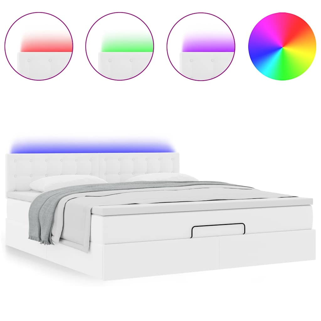 vidaXL Οθωμανικό κρεβάτι με στρώματα & LEDs Καθαρό λευκό Faux Leather