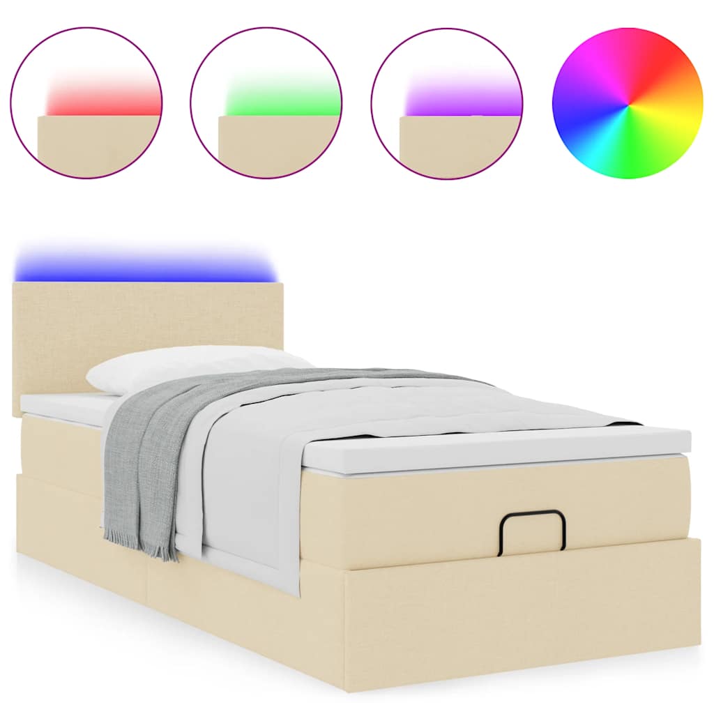 vidaXL Οθωμανικό κρεβάτι με στρώμα & LEDs Cream 80x200cm ύφασμα