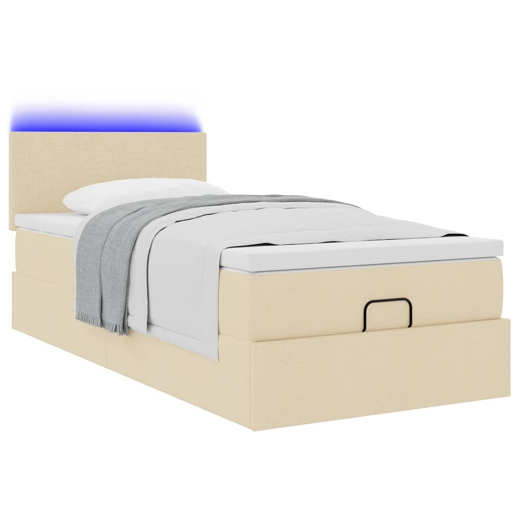 vidaXL Οθωμανικό κρεβάτι με στρώμα & LEDs Cream 90x190cm ύφασμα