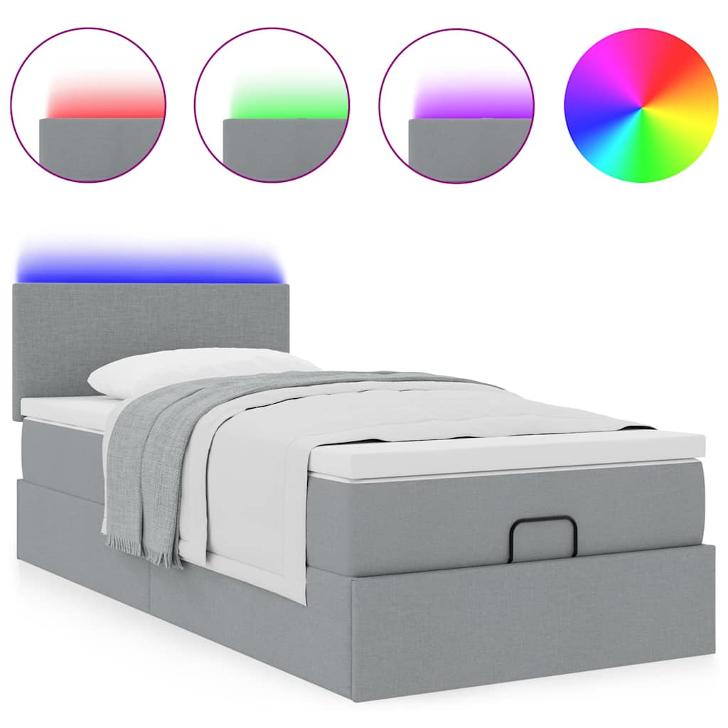 vidaXL Οθωμανικό κρεβάτι με στρώμα & LEDs Ανοιχτό γκρι Ύφασμα