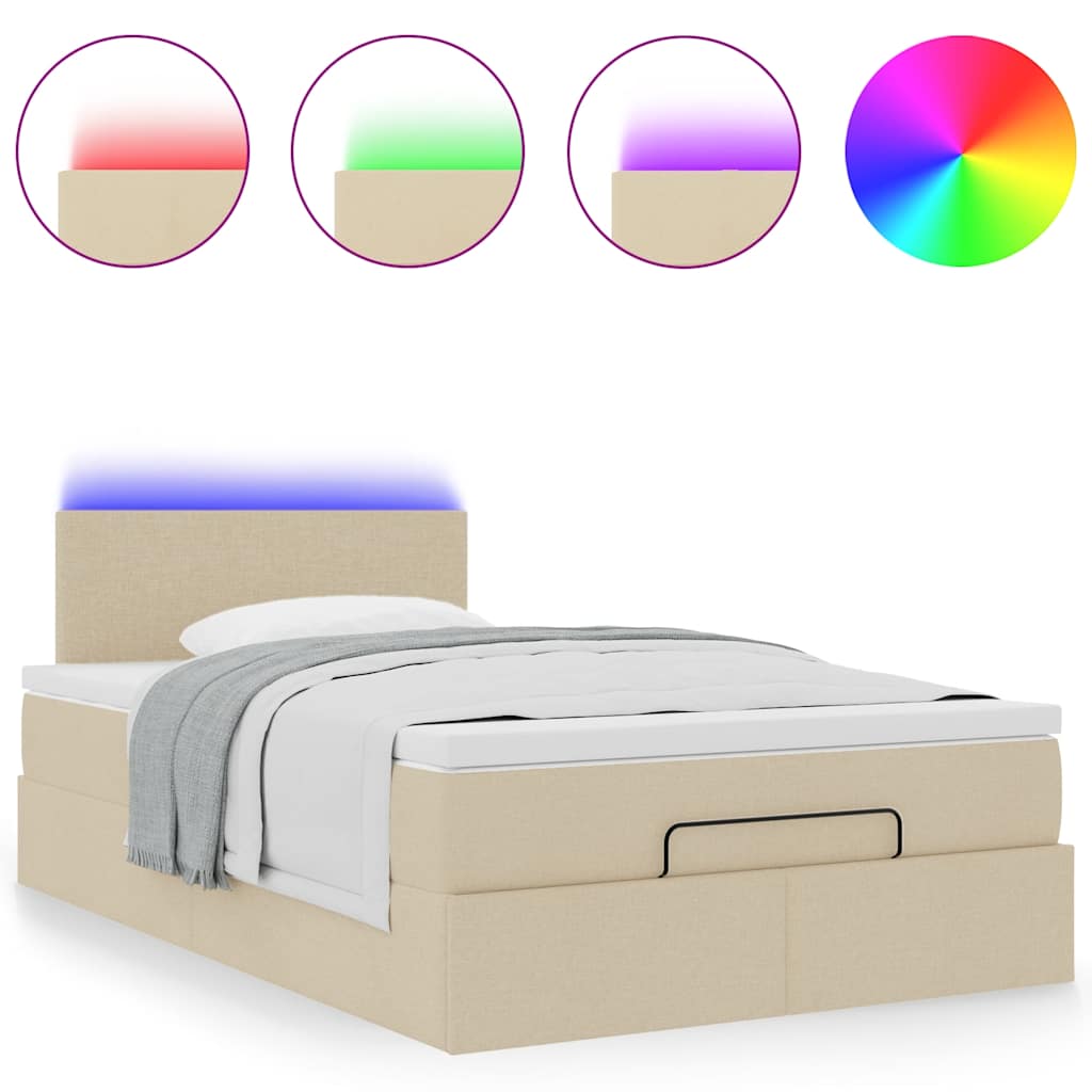 vidaXL Οθωμανικό κρεβάτι με στρώμα & LEDs Cream 120x190cm ύφασμα
