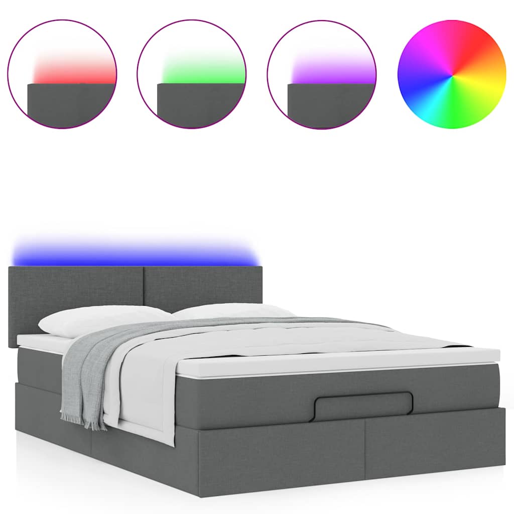 vidaXL Οθωμανικό κρεβάτι με στρώμα & LEDs Σκούρο γκρι 140x200cm Ύφασμα