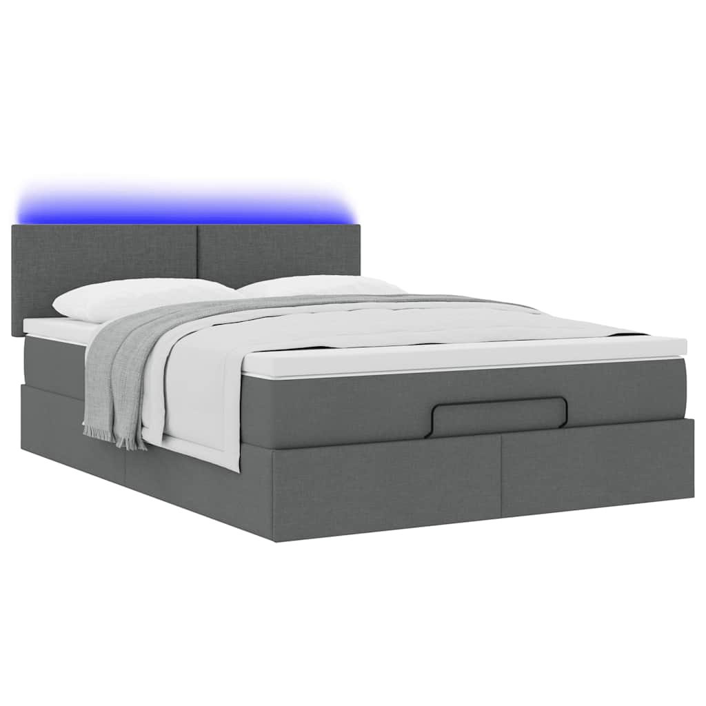 vidaXL Οθωμανικό κρεβάτι με στρώμα & LEDs Σκούρο γκρι 140x200cm Ύφασμα