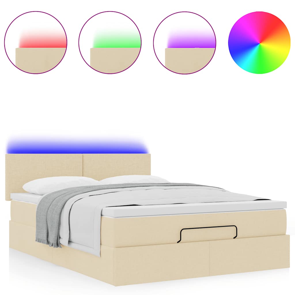 vidaXL Οθωμανικό κρεβάτι με στρώμα & LEDs Cream 140x200 cm Ύφασμα