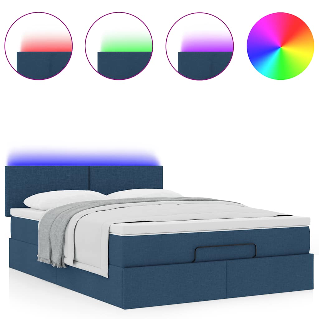 vidaXL Οθωμανικό κρεβάτι με στρώμα & LEDs Μπλε 140x200cm ύφασμα