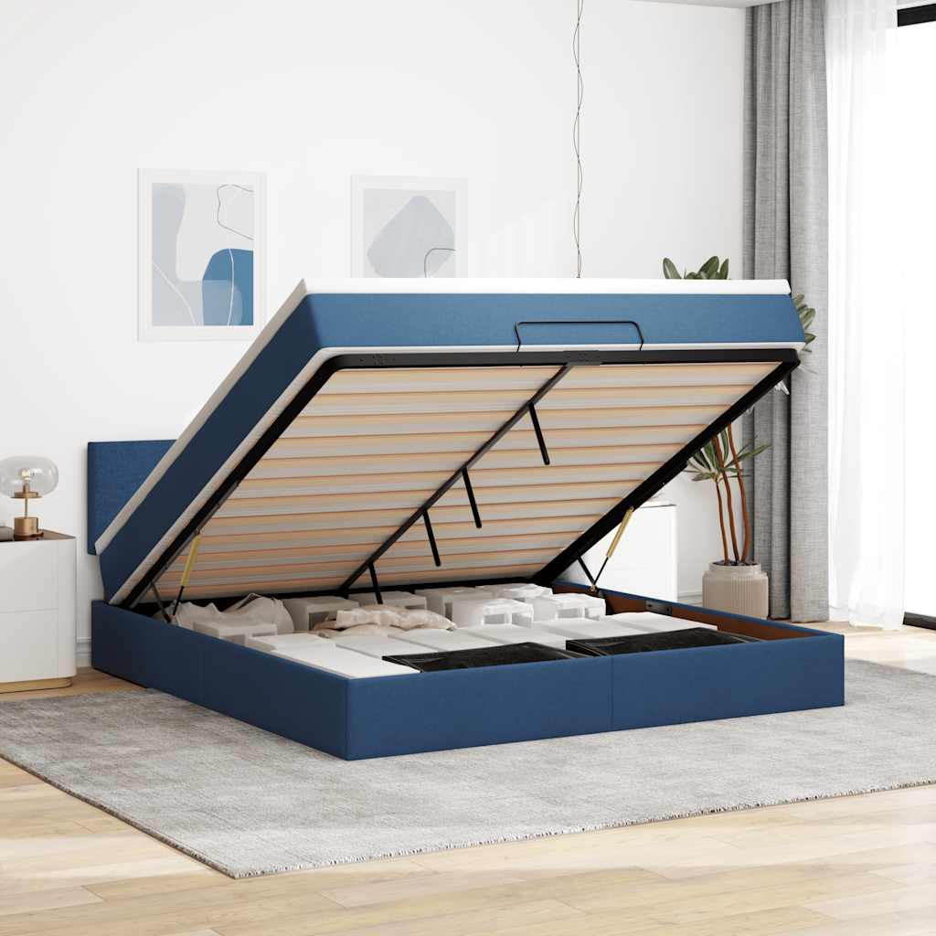 vidaXL Οθωμανικό κρεβάτι με στρώμα & LEDs Μπλε 180x200cm ύφασμα