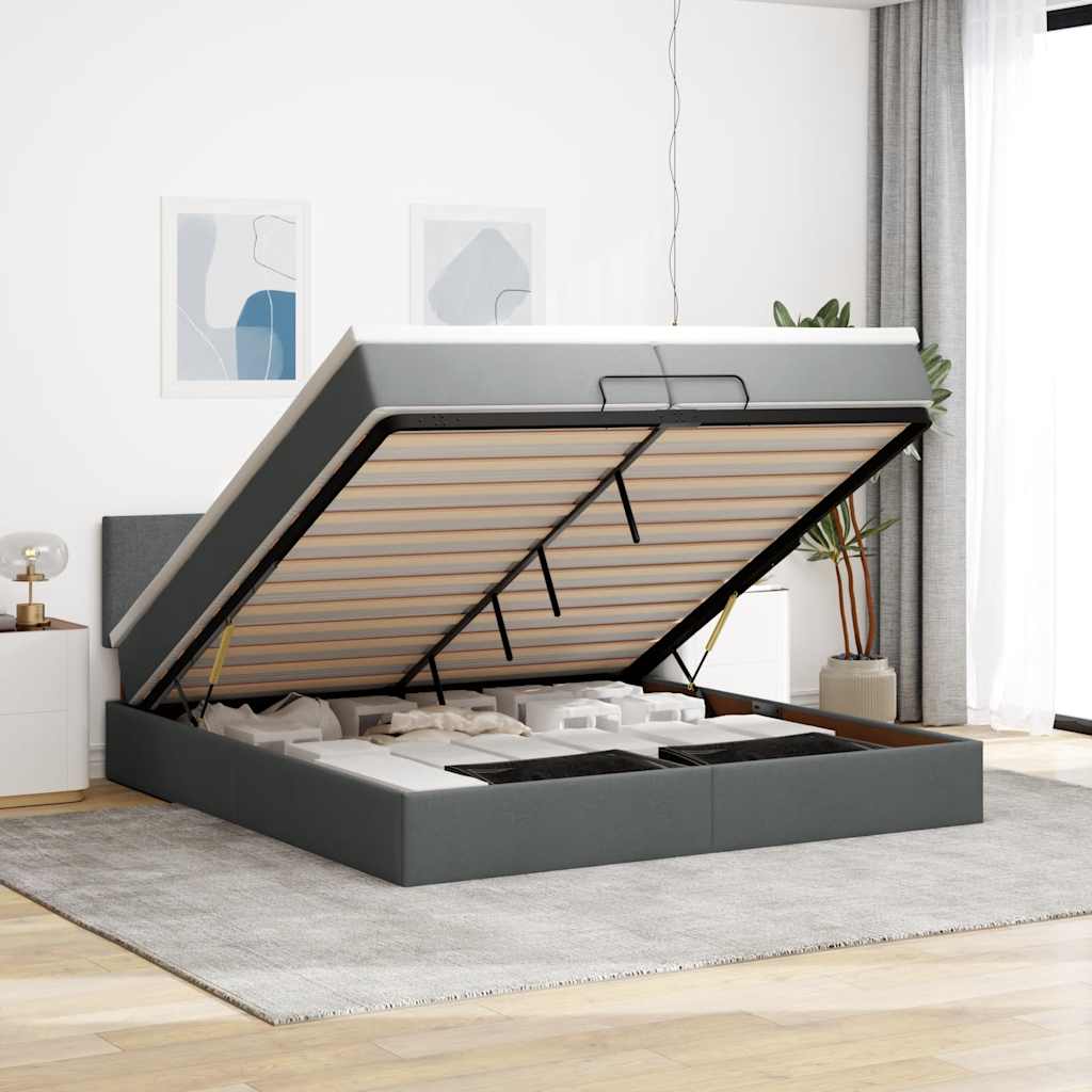 vidaXL Οθωμανικό κρεβάτι με στρώματα&LEDs Σκούρο γκρι 200x200cm ύφασμα