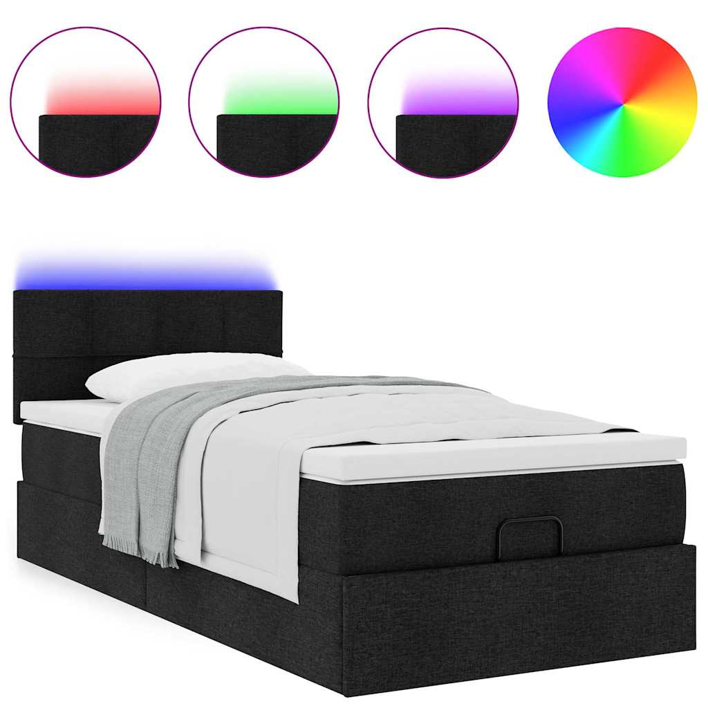 vidaXL Οθωμανικό κρεβάτι με στρώμα & LEDs Μαύρο 80x200cm ύφασμα