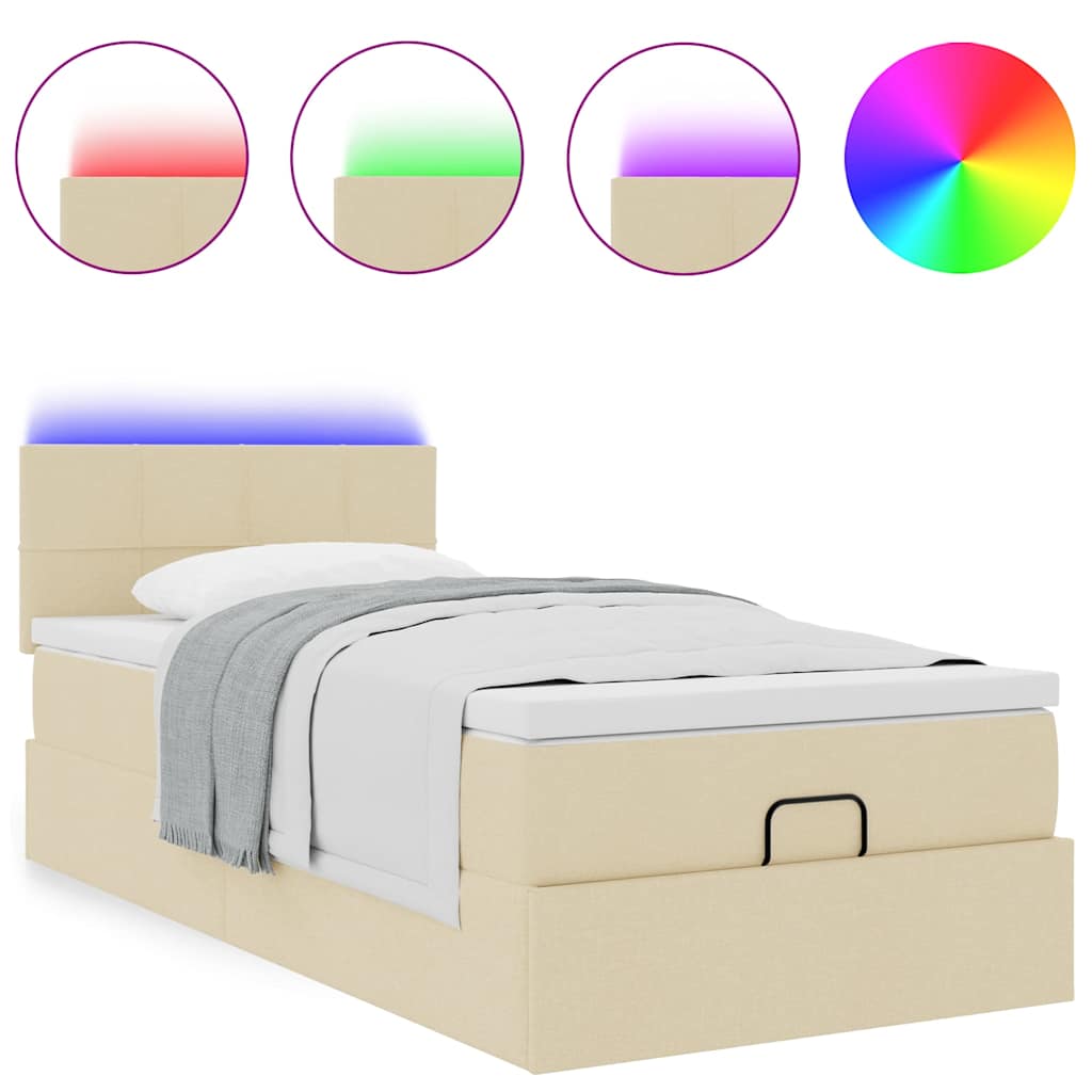 vidaXL Οθωμανικό κρεβάτι με στρώμα & LEDs Cream 90x190cm ύφασμα