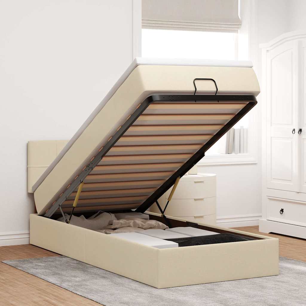 vidaXL Οθωμανικό κρεβάτι με στρώμα & LEDs Cream 90x190cm ύφασμα