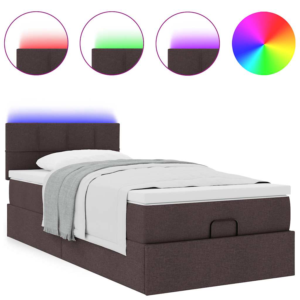 vidaXL Οθωμανικό κρεβάτι με στρώμα & LEDs Σκούρο καφέ 90x200 cm Ύφασμα