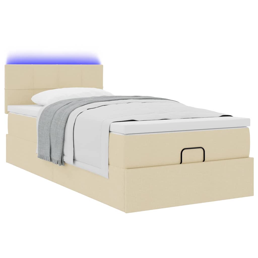 vidaXL Οθωμανικό κρεβάτι με στρώμα & LEDs Cream 90x200 cm Ύφασμα