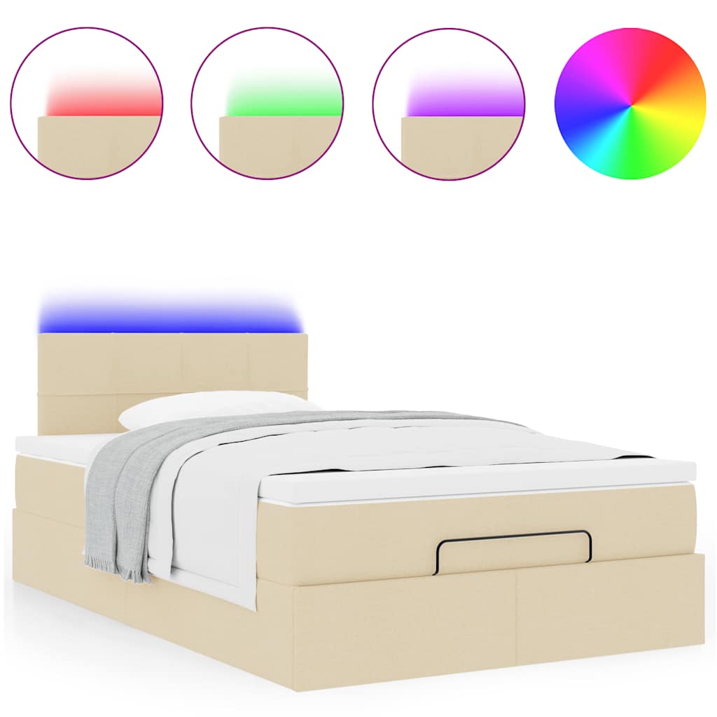 vidaXL Οθωμανικό κρεβάτι με στρώμα & LEDs Cream 120x190cm ύφασμα