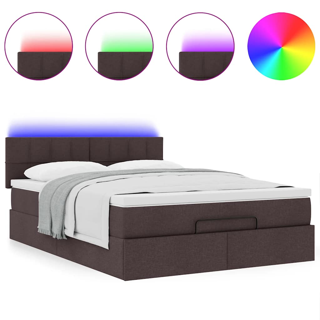 vidaXL Οθωμανικό κρεβάτι με στρώμα & LEDs Σκούρο καφέ 140x190cm Ύφασμα