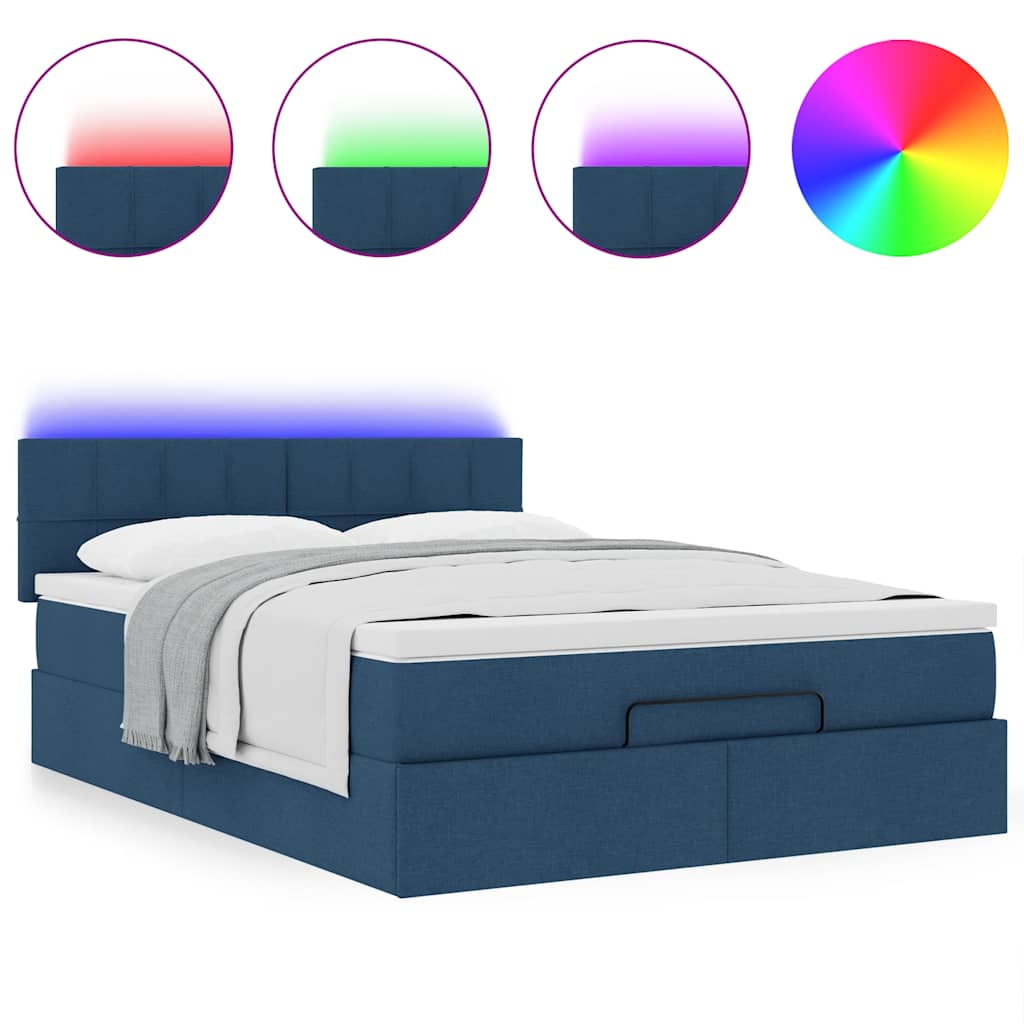 vidaXL Οθωμανικό κρεβάτι με στρώμα & LEDs Μπλε 140x190cm Ύφασμα