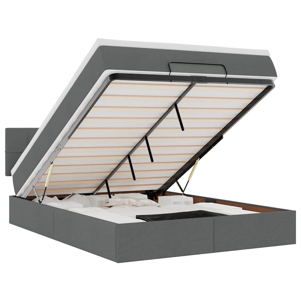 vidaXL Οθωμανικό κρεβάτι με στρώμα & LEDs Σκούρο γκρι 140x200cm Ύφασμα