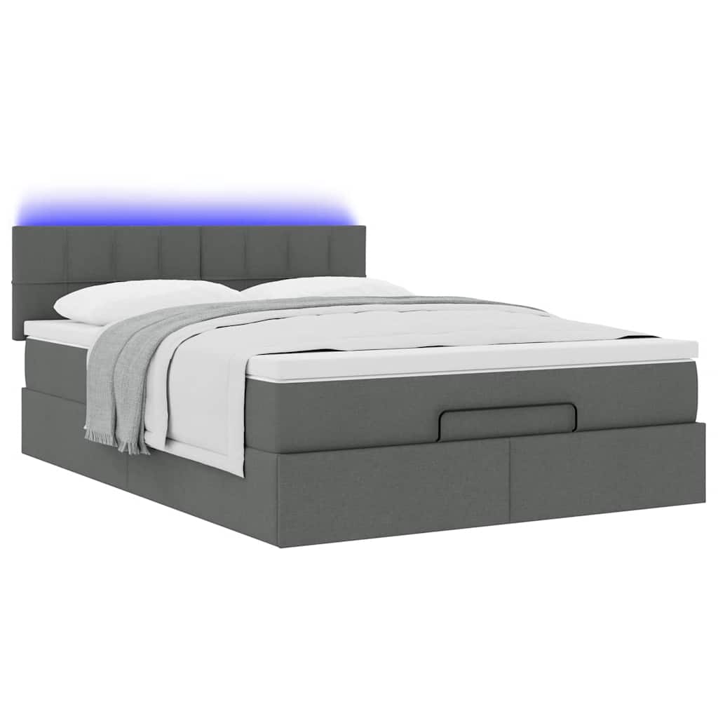 vidaXL Οθωμανικό κρεβάτι με στρώμα & LEDs Σκούρο γκρι 140x200cm Ύφασμα