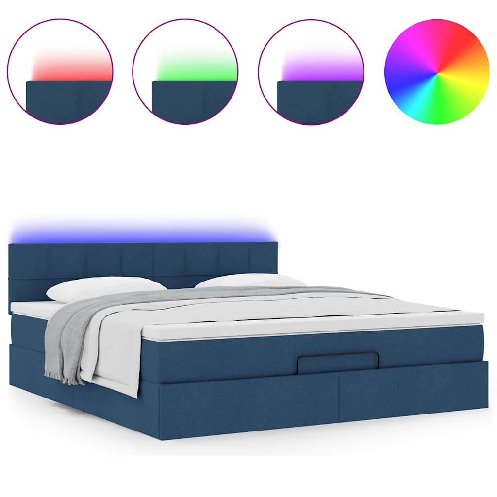 vidaXL Οθωμανικό κρεβάτι με στρώμα & LEDs Μπλε 160x200cm ύφασμα