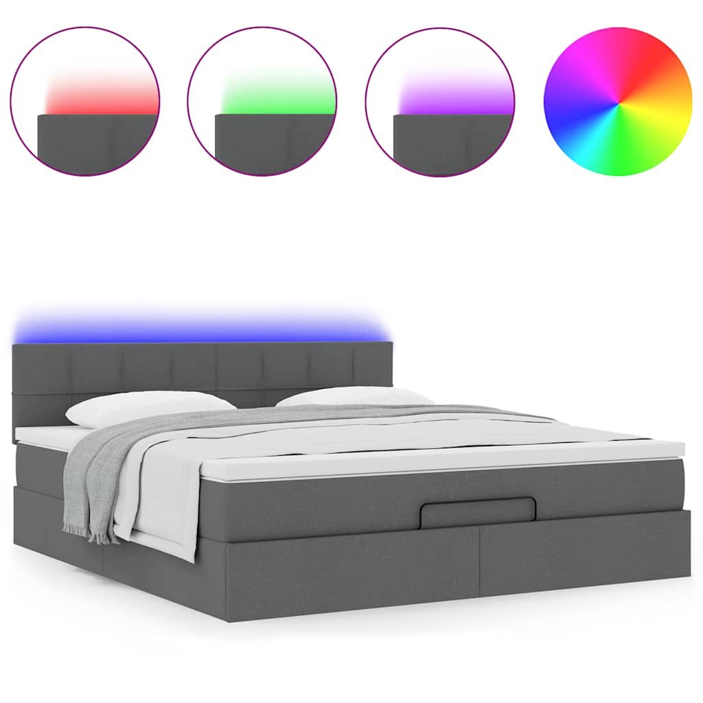 vidaXL Οθωμανικό κρεβάτι με στρώμα & LEDs Σκούρο γκρι 180x200cm ύφασμα