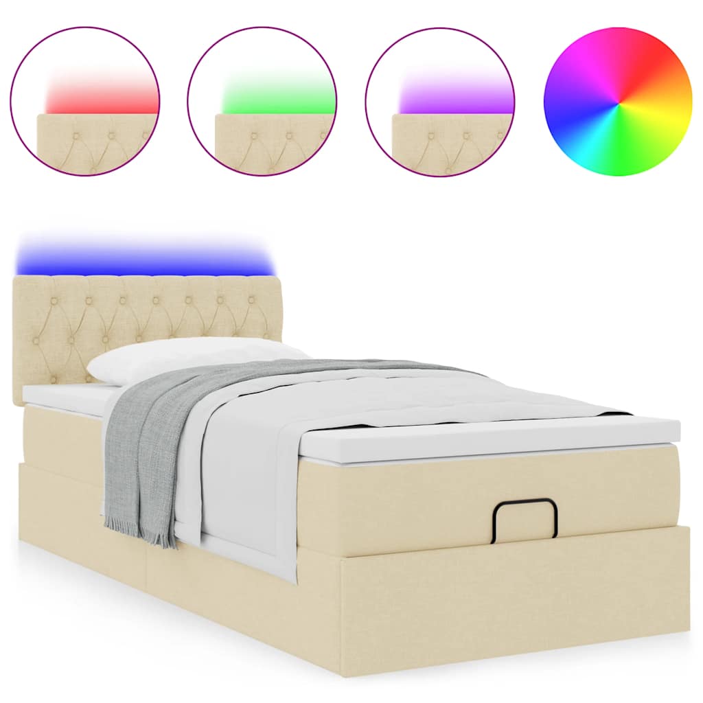 vidaXL Οθωμανικό κρεβάτι με στρώμα & LEDs Cream 90x190cm ύφασμα