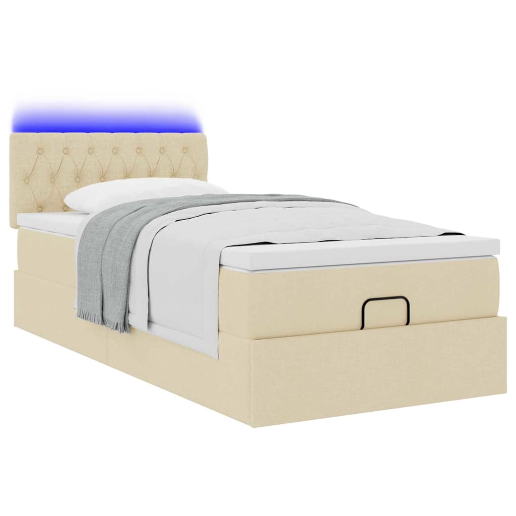vidaXL Οθωμανικό κρεβάτι με στρώμα & LEDs Cream 90x190cm ύφασμα