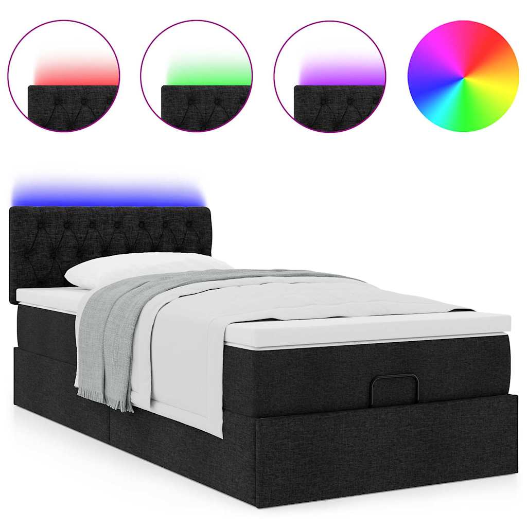 vidaXL Οθωμανικό κρεβάτι με στρώμα & LEDs Μαύρο 90x200 cm Ύφασμα