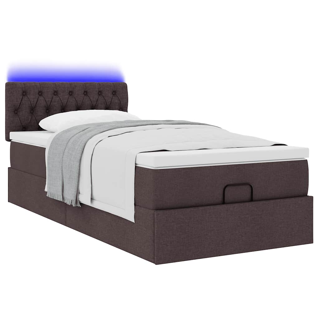 vidaXL Οθωμανικό κρεβάτι με στρώμα & LEDs Σκούρο καφέ 90x200 cm Ύφασμα