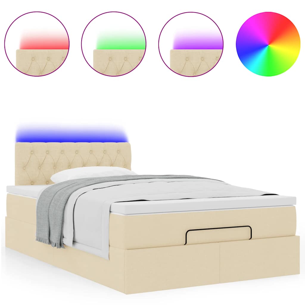 vidaXL Οθωμανικό κρεβάτι με στρώμα & LEDs Cream 120x190cm ύφασμα