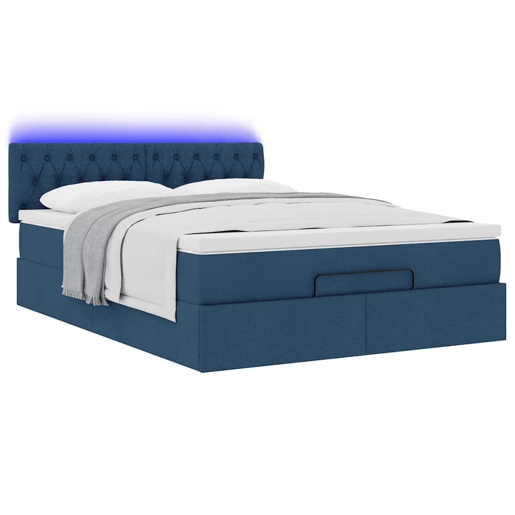 vidaXL Οθωμανικό κρεβάτι με στρώμα & LEDs Μπλε 140x190cm Ύφασμα