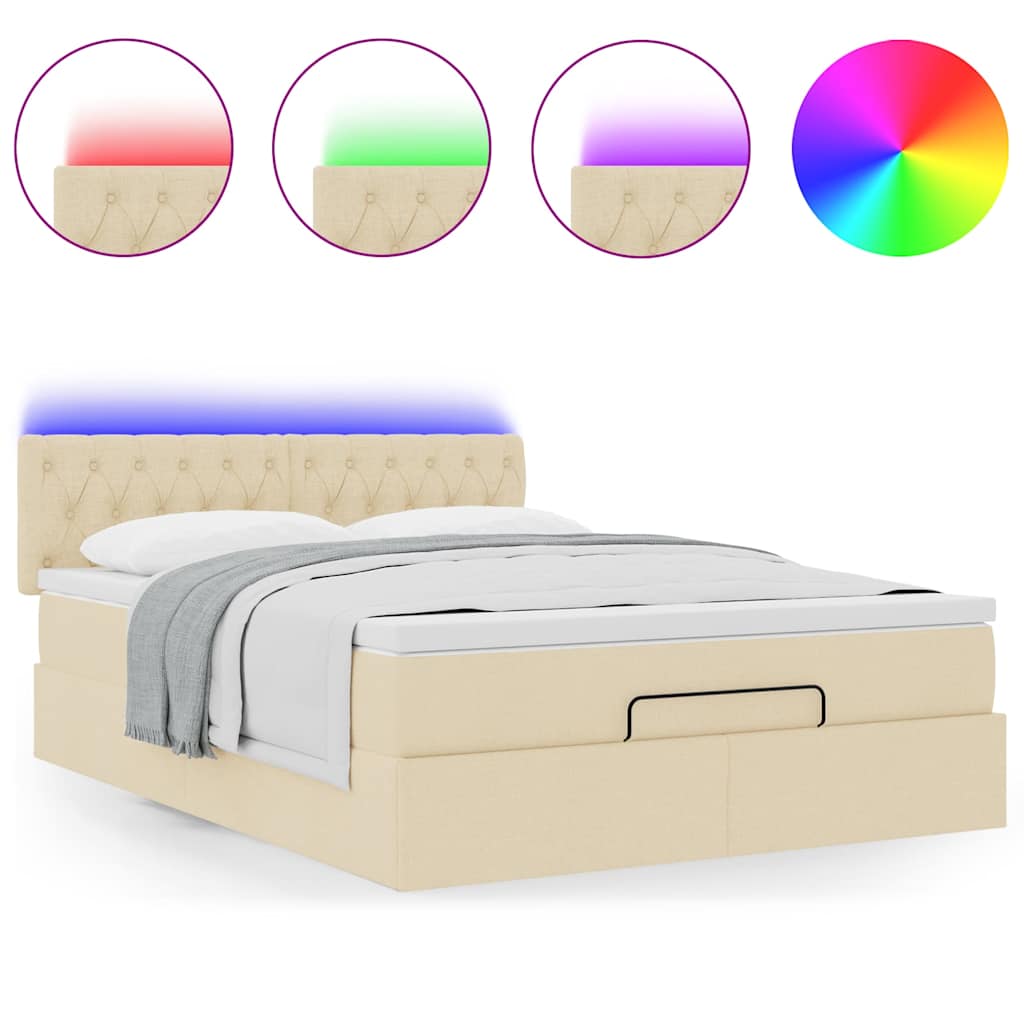 vidaXL Οθωμανικό κρεβάτι με στρώμα & LEDs Cream 140x200 cm Ύφασμα