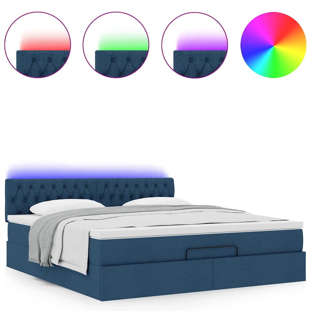 vidaXL Οθωμανικό κρεβάτι με στρώμα & LEDs Μπλε 160x200cm ύφασμα