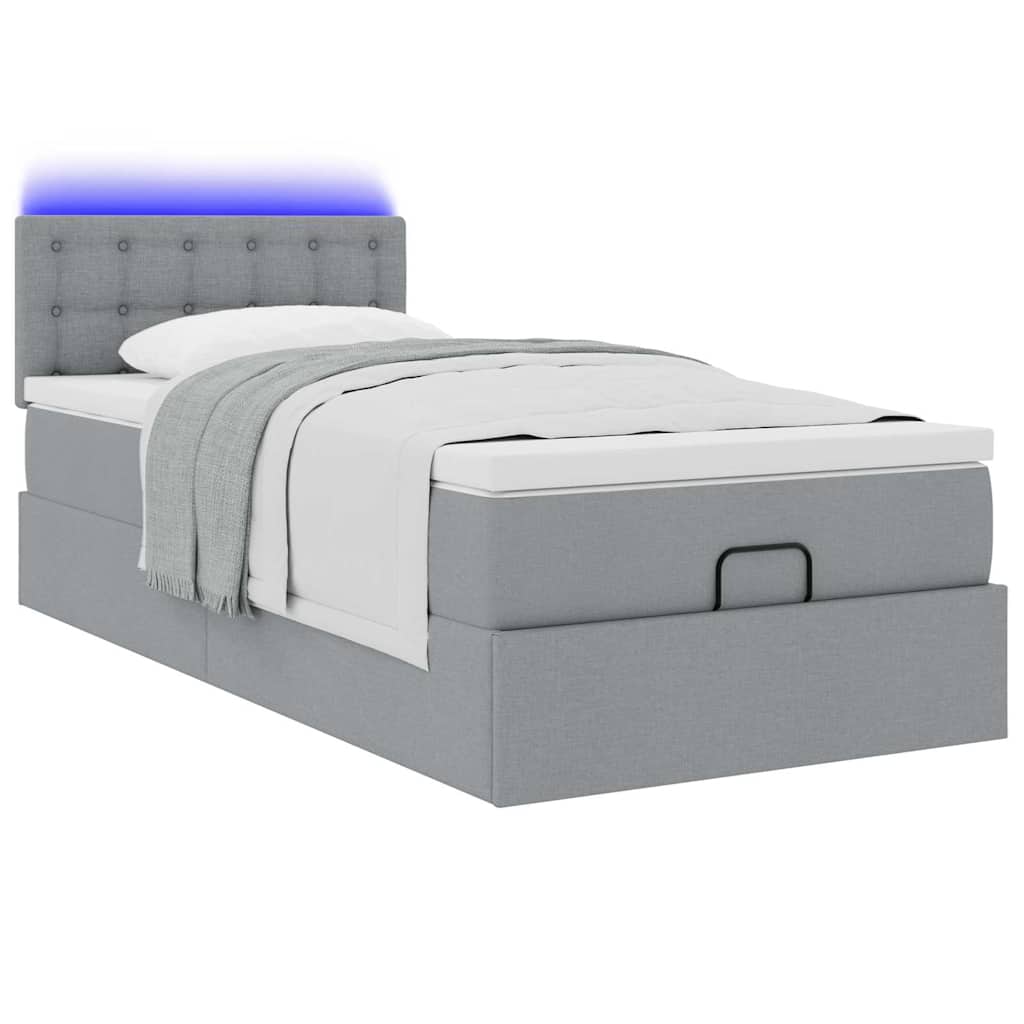 vidaXL Οθωμανικό κρεβάτι με στρώμα & LEDs Ανοιχτό γκρι 90x200cm Ύφασμα
