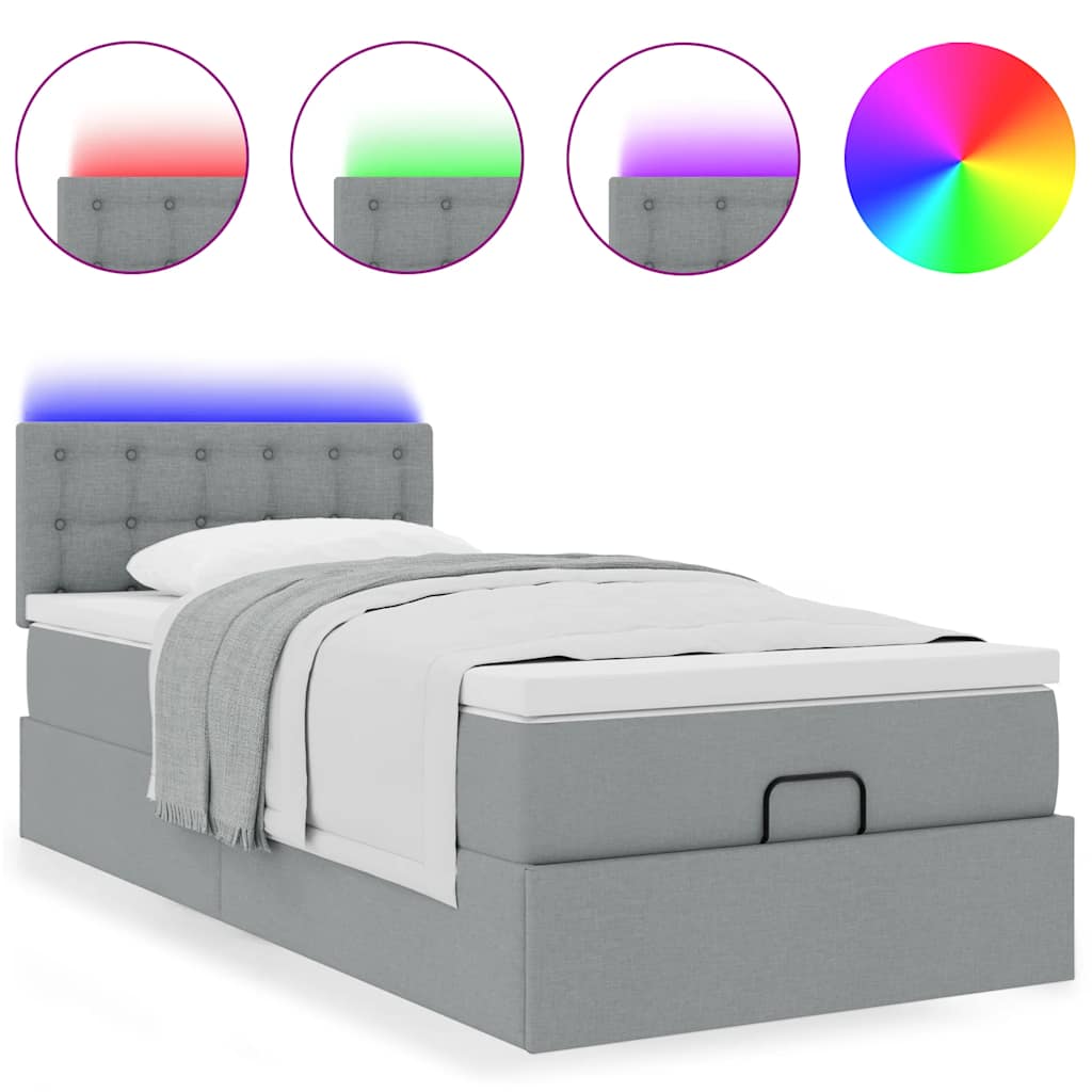 vidaXL Οθωμανικό κρεβάτι με στρώμα & LEDs Ανοιχτό γκρι Ύφασμα