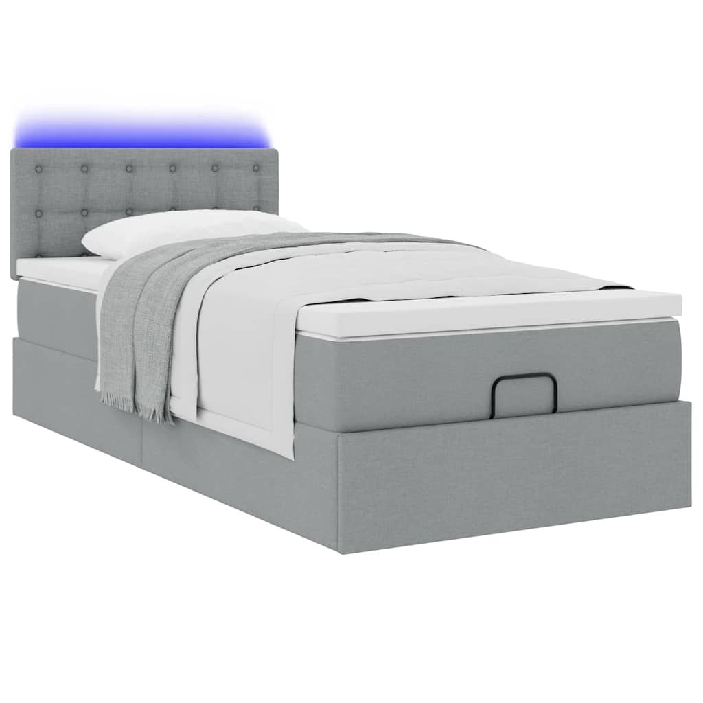 vidaXL Οθωμανικό κρεβάτι με στρώμα & LEDs Ανοιχτό γκρι Ύφασμα