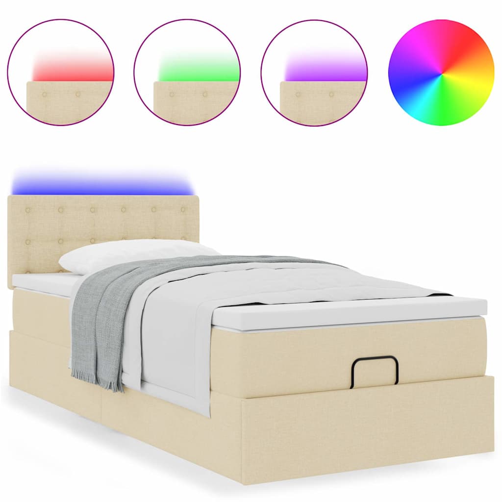 vidaXL Οθωμανικό κρεβάτι με στρώμα & LEDs Cream 100x200 cm Ύφασμα