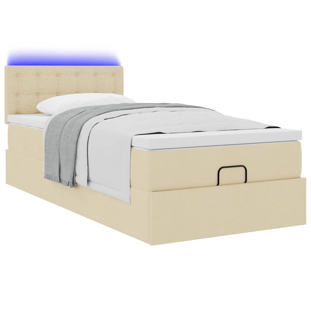 vidaXL Οθωμανικό κρεβάτι με στρώμα & LEDs Cream 100x200 cm Ύφασμα