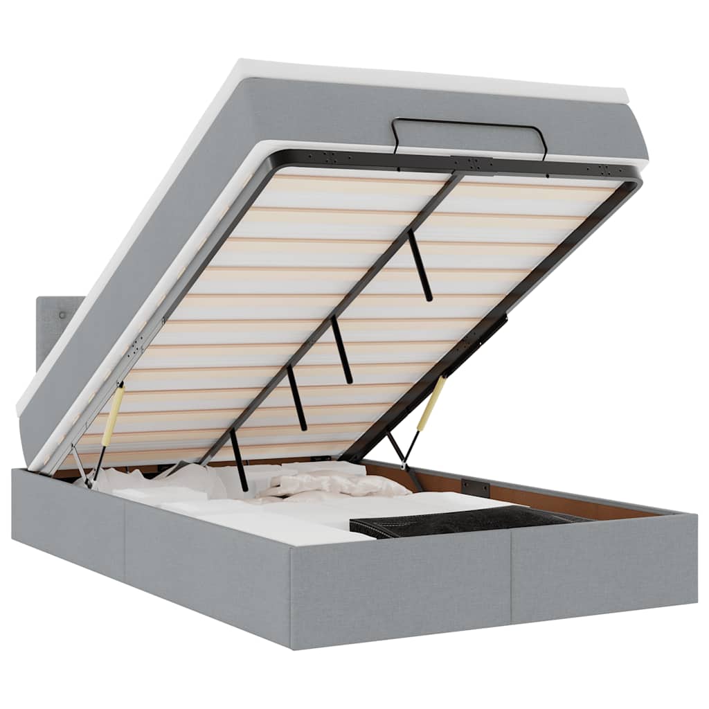 vidaXL Οθωμανικό κρεβάτι με στρώμα & LEDs Ανοιχτό γκρι Ύφασμα
