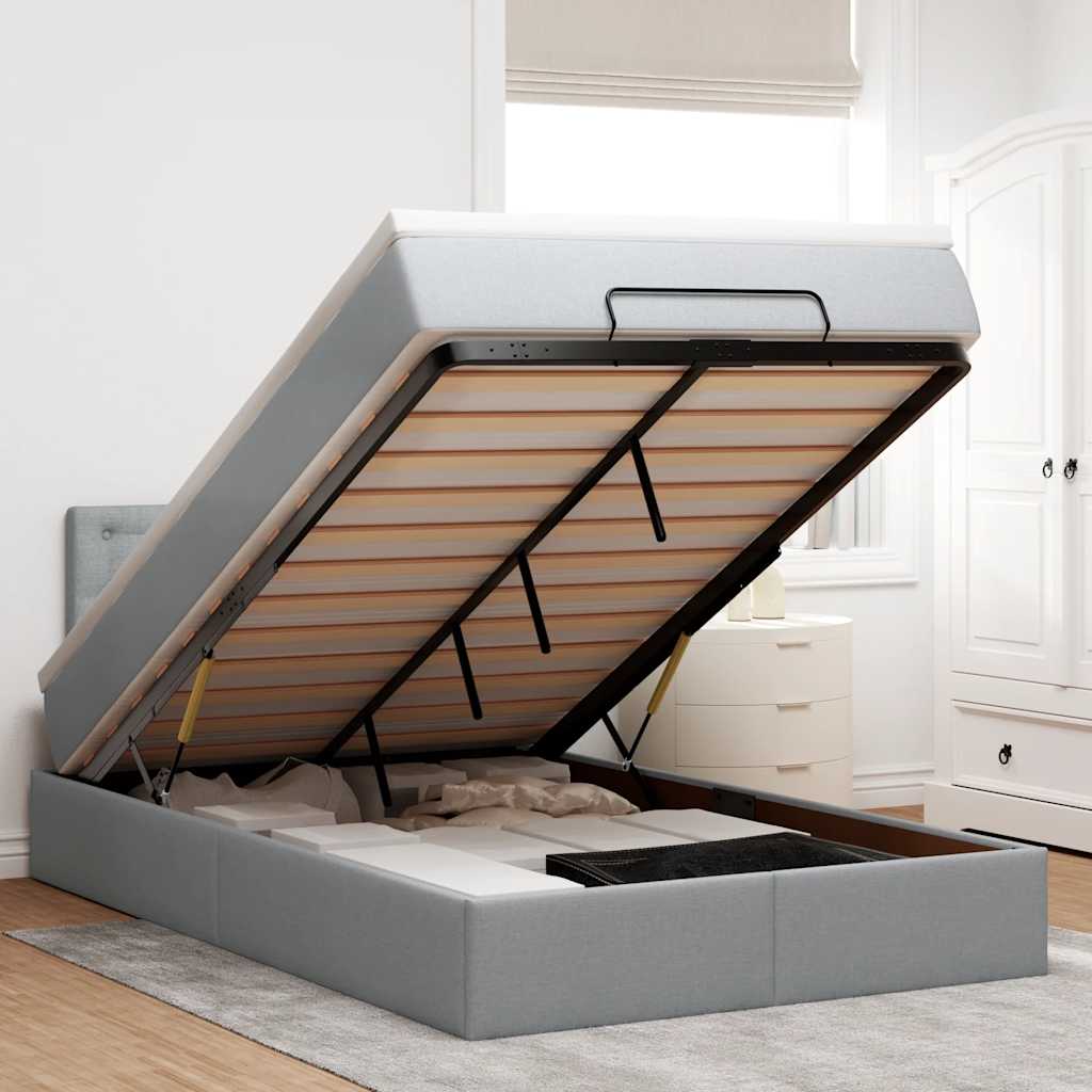 vidaXL Οθωμανικό κρεβάτι με στρώμα & LEDs Ανοιχτό γκρι Ύφασμα