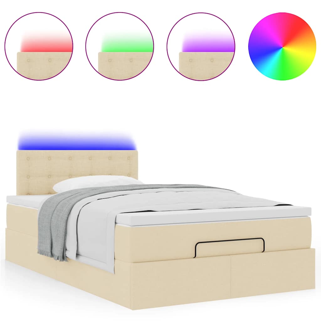 vidaXL Οθωμανικό κρεβάτι με στρώμα & LEDs Cream 120x190cm ύφασμα